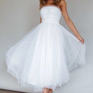 Selfie Leslie Fayette Strapless Mesh Midi Dress White Sz 8